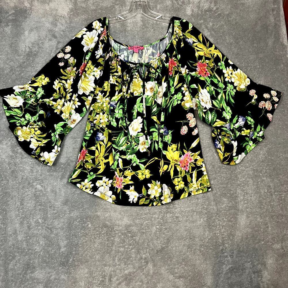 Betsey Johnson Kimono Blouse Womens L Floral Bell Sleeves Boho Artsy